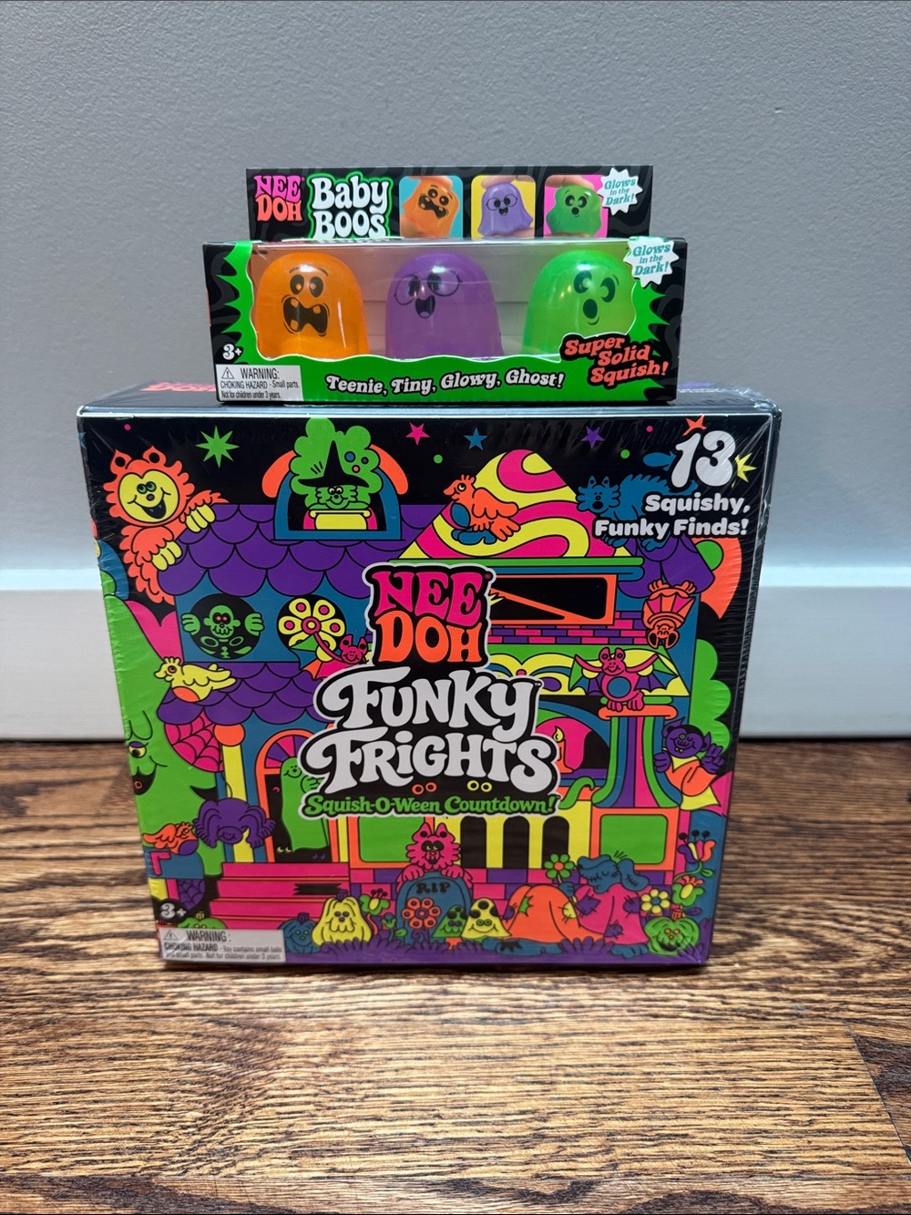 Nee Doh Baby Boos Squishy Ghost Trio - Green, Purple, Orange AND Funky Frights